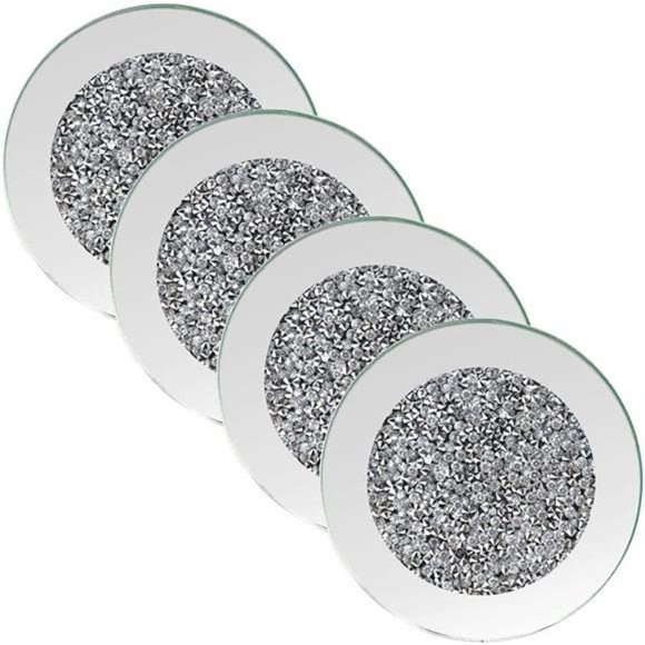 Glass Mirrored Coaster 4 PC , Crushed Diamond Round 4" Cup Mat Decor on Tabletop - Picture 4 of 6